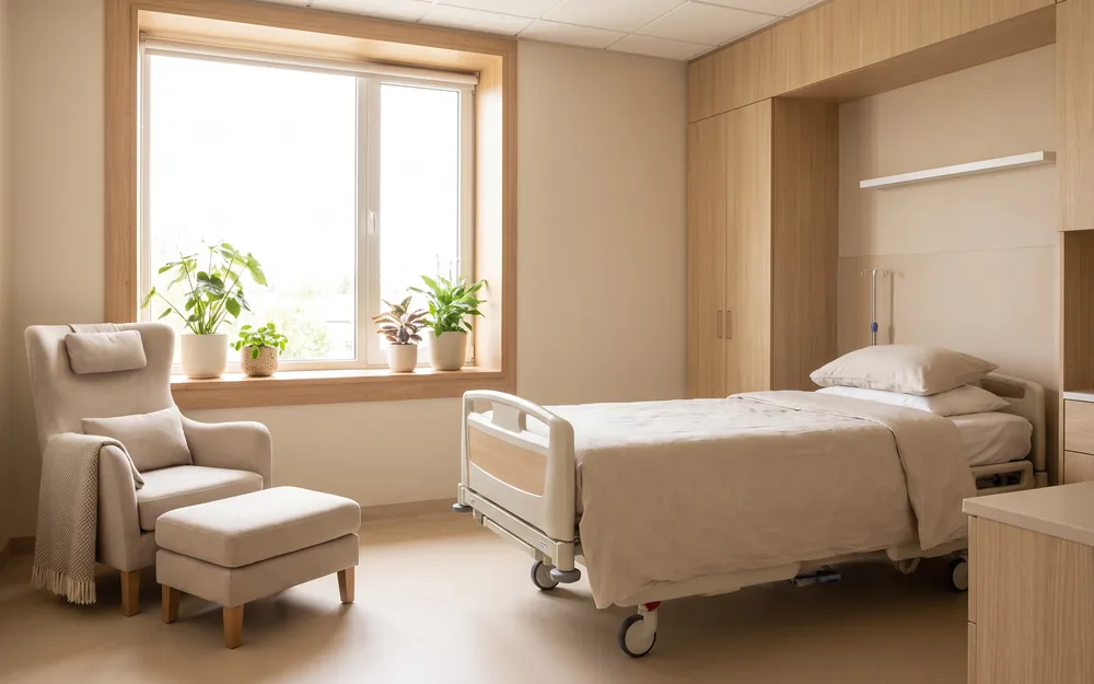 Quarto de hospital com poltrona para acompanhante ao lado da janela