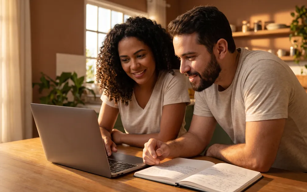 Casal brasileiro revisando as contas da casa no notebook