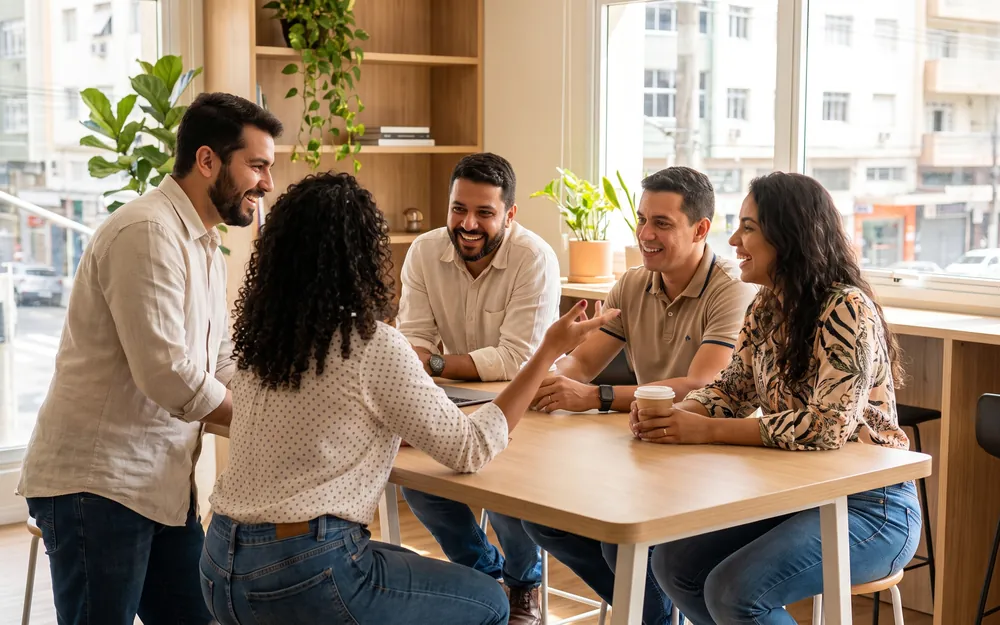 Equipe reunida em escritório moderno com plano de saúde empresarial