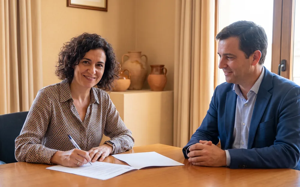 Mulher assinando contrato de plano de saúde com apoio de um corretor