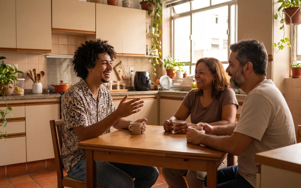 Jovem adulto conversando com os pais na cozinha de casa