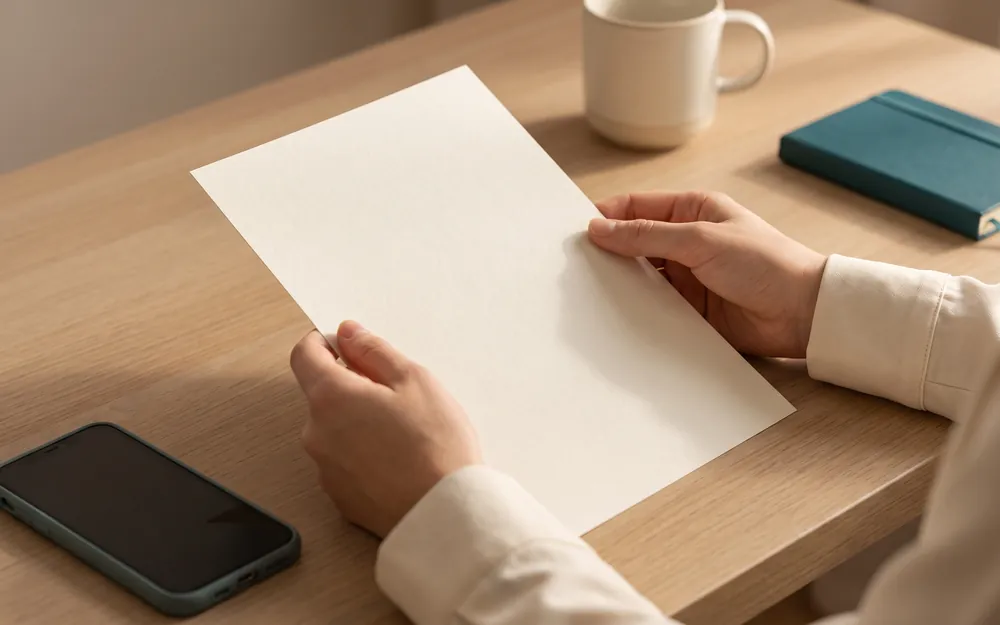Mãos segurando documento impresso ao lado de um celular sobre a mesa